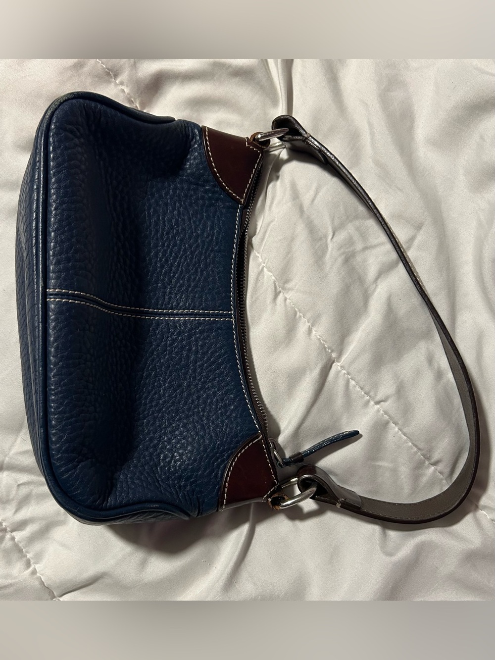Dooney & Bourke Navy Pebbled Leather Shoulder Bag with Brown Trim